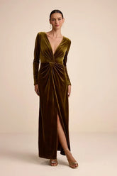 Angelina Olive Velvet Twist-Front Maxi Dress