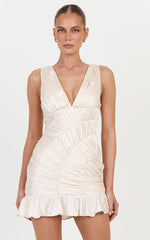 Kelli Mini Dress - Ruched Flounce Dress in Champagne