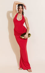Heath Maxi Dress - Scoop Halter Neck With Drape Front Skirt Back Split Dress in Red
