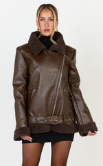 Isolde Jacket - Faux Leather Shearling Biker Jacket in Dark Chocolate