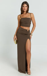 Adalee Two Piece Top and Skirt Set - Square Neck Gold Hardware Detail Top And Low Waist Maxi Skirt in Chocolate