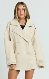 Adriana Coat - Double Breasted Short Wool Like Coat in Cream