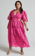 Anieshaya Midi Dress - V Neck Cut Out Lace Dress in Pink