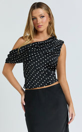 Blanca Top - One Shoulder Bias Cut Top in Black Polka Dot