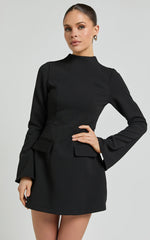 Carlson Mini Dress - High Neck Sleeve Cocoon Skirt Dress in Black