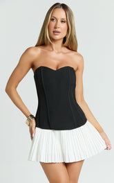 Deb Mini Dress - Strapless Sweetheart Contrast Bodice Pleated Dress in White/Black