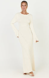 Delilah Maxi Dress - Long Sleeve Seam Detail Boucle Knit Dress in Cream