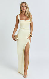 Donna Maxi Dress - Cowl Neck Column High Split Dress in Lemon