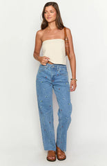 Kansis Blue Embroidered Uneven Waist Jeans