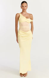 Elias Maxi Dress - Twisted One Shoulder Cowl Dropped Waist Dress in Lemon