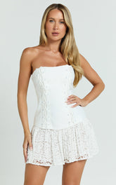 Emerie Mini Dress - Strapless Drop Waist Pleated Dress in Cream