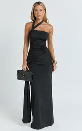 Ginny Maxi Dress - Asymmetric Neck Waist Tie Dress in Black