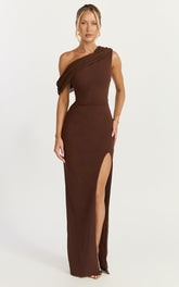 Helen Maxi Dress - One Shoulder Draped Fitted Dress in Chocolate