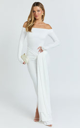 Judith Maxi Dress - Boat Neck Backless Tie Front Long Sleeve Jersey Dress in Cream