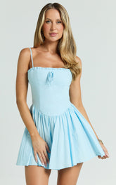 Julianne Mini Dress - Sweetheart Neck Drop Waist Pleated Dress in Light Blue