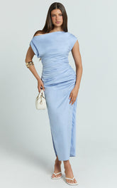 Kane Midi Dress - Tipped Shoulder Cotton Draped Dress in Cornflower Blue