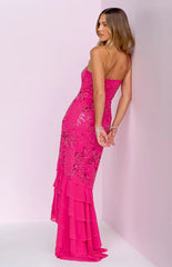 Khai Pink Ruffle Maxi Scarf Beaded Dress