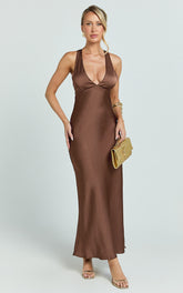 Khalani Midi Dress - Deep V Neck Satin Slip Dress in Chocolate