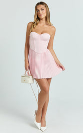 Loretta Mini Dress - Lace Up Corset Pleated Dress in Soft Pink