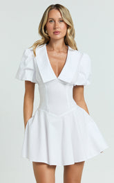 Lucy Mini Dress - Deep V Oversized Collar Puff Sleeve A Line Dress in White