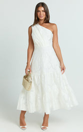 Nadette Midi Dress - One Shoulder Pleated Tiered Dress in White