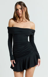 Ophelia Mini Dress - Off Shoulder Flip Skirt Jersey Ruched Dress in Black
