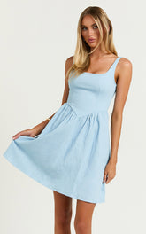 Rhaziya Mini Dress - Sleeveless Straight Neck Fit and Flare Dress in Blue