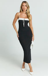 Sheffield Midi Dress - Contrast Tie Front Bodycon Dress in Black