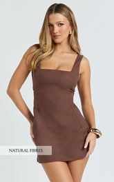 Sienna Mini Dress - Square Neck A Line Dress in Chocolate