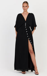 Sitting Pretty Maxi Dress - Short Sleeve Button Down Dress in Black