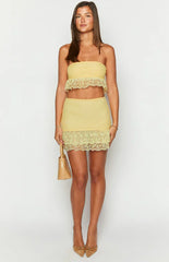 Sparrow Yellow Lace Frill Strapless Crop Top