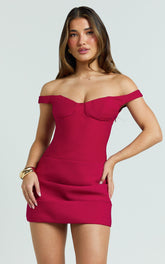 Tanisha Mini Dress - Off Shoulder Draped Waist Dress in Red