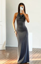 Tsuki Grey Stud Detail Cowl Neck Maxi Dress