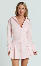 Valentina Mini Dress - Collared Long Sleeve Button Front Dropped Waist Dress in Pink