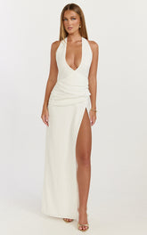 Vega Maxi Dress - Plunge Neckline Halter Dress in Off White
