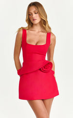 Vivienne Mini Dress - Square Neck Rosette Peplum Dress in Red