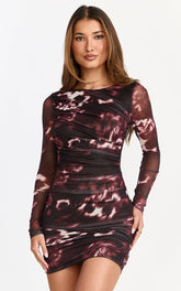 Zita Mini Dress - High Neck Long Sleeve Bodycon Mesh Dress in Botanical Haze