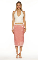 Petra Pink Sequin Lace Trim Midi Skirt