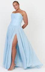 Eugene Maxi Dress - Contrast Strapless Fit And Flare High Split Dress in Blue