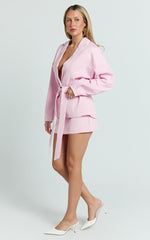 Adela Jacket - Cocoon Sleeve Cinched Waist Self Belt Jacket in Pale Pink