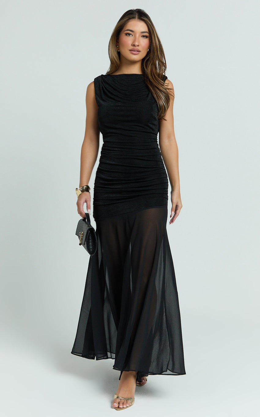 Alfiena Maxi Dress - Drop Waist Low Back Dress in Black