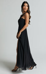 Amorette Maxi Dress - One Shoulder Detail Gown Dress in Black