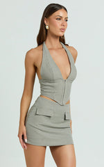 Angela Mini Skort - Mid Waist Faux Pocket Check Skort in Beige Check