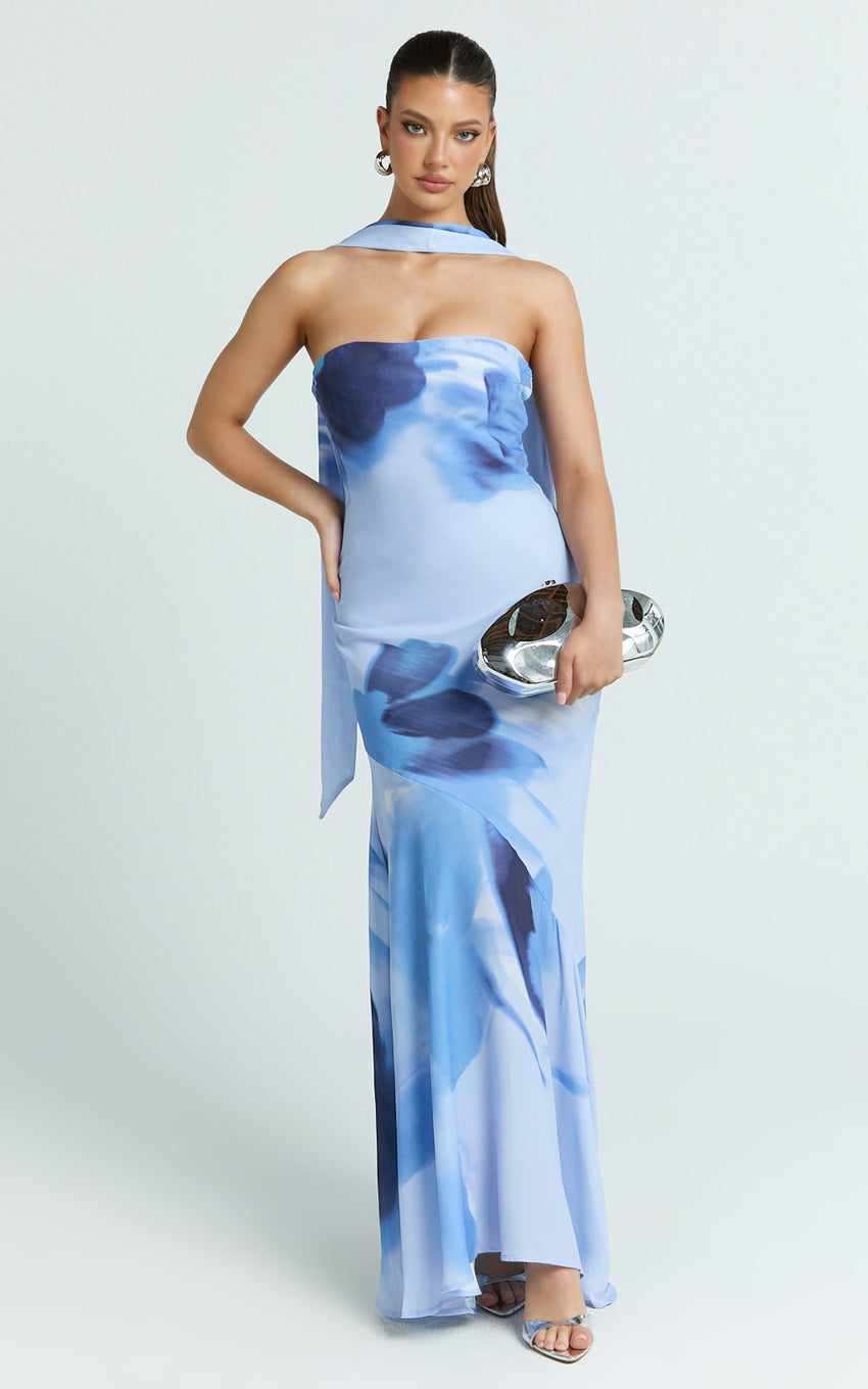 Angie Maxi Dress - Strapless Bias Column Dress with Scarf in Blue Print