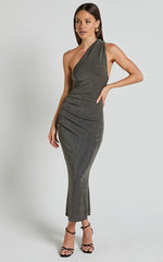 Arietty Midi Dress - One Shoulder Asymmetrical Ruched Dress in Olive