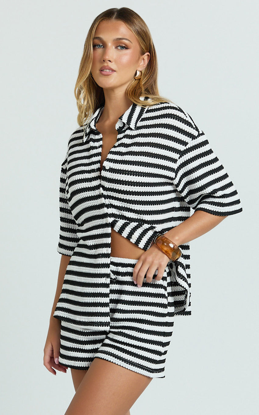 Brenda Top - Textured Stripe Drop Shoulder Button Down Shirt in White/Black