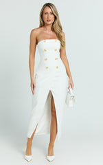 Carson Midi Dress - Strapless Double Breasted Wrap Fitted Dress in Off White