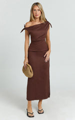 Cincinnati Midi Dress - Off The Shoulder Side Split Column Linen Dress in Chocolate