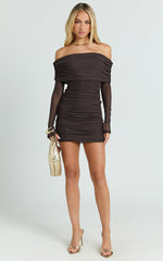Clyde Mini Dress - Mesh Off Shoulder Ruched Bodycon Dress in Chocolate