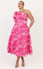 Alfreda Midi Dress - One Shoulder Ruffle Detail Brailey Jacquard Dress in Pink